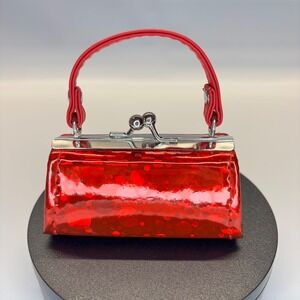 Mini Coin Purse TikTok Lipstick Kiss Clasp Shiny Red Polka Dot Print Small Bag